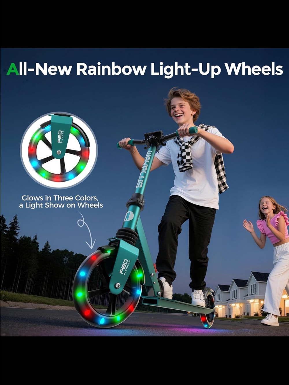FRED Teal Kids Scooter with Rainbow Light-Up Wheels